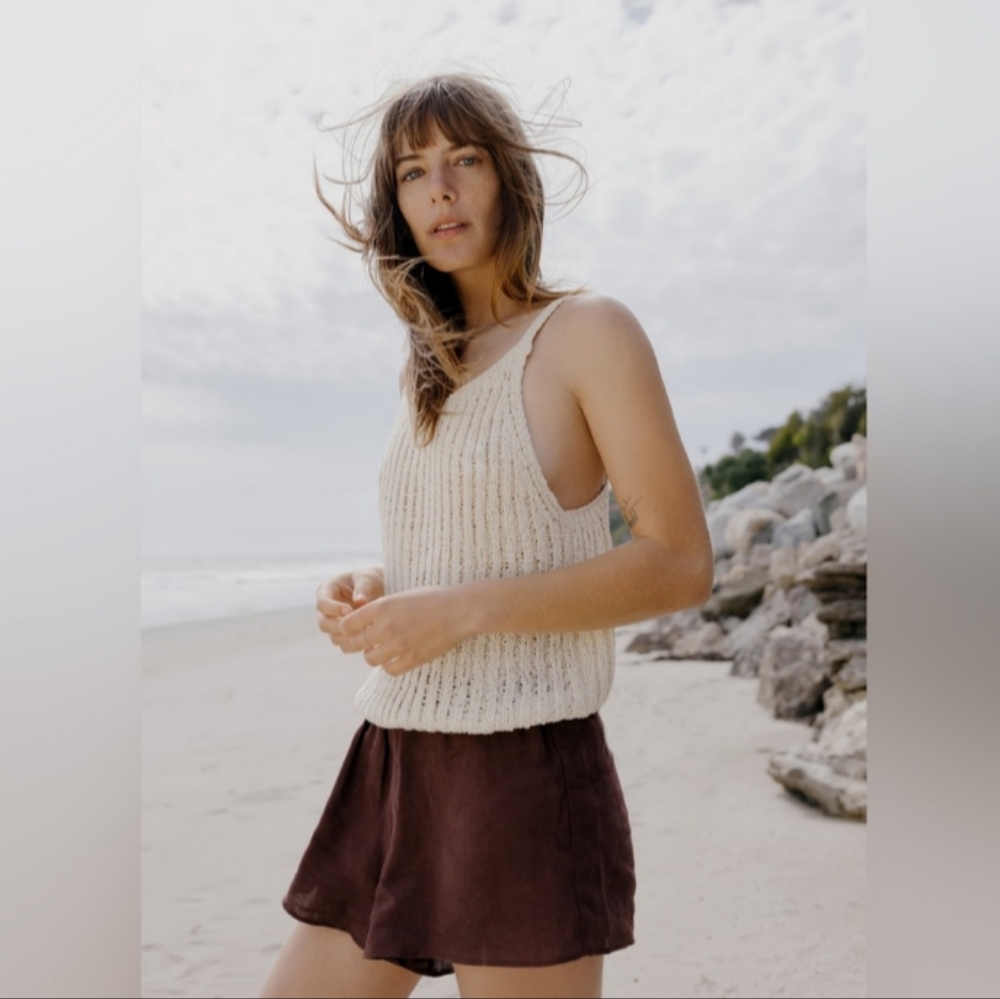 Zara ribbed knit ecru crochet tank top open back shirt loose weave size small